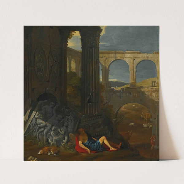 An Architectural Capriccio With Ancient Ruins, A Triumphal Arch And A Haut-Relief Sculpture, With The Story Of Mercury And Argus by Jean Lemaire