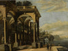 An architectural capriccio with figures by a colonnaded portico, a castle on a sea arch and coastal village beyond