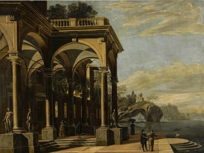 An architectural capriccio with figures by a colonnaded portico, a castle on a sea arch and coastal village beyond