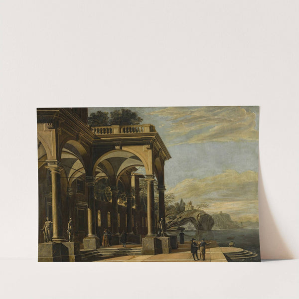 An architectural capriccio with figures by a colonnaded portico, a castle on a sea arch and coastal village beyond by Viviano Codazzi