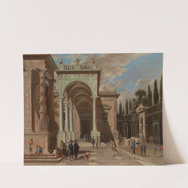 An Architectural Capriccio With Figures Outside A Palace by Ascanio Luciani