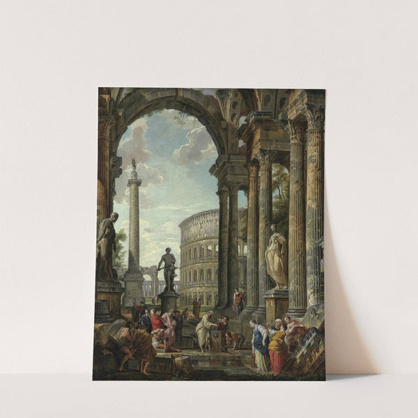 An architectural capriccio with the philosopher Diogenes and other figures by Giovanni Paolo Panini