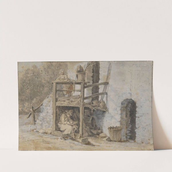 An artist sketching under the porch of a rural stone building by Pierre-Antoine Demachy