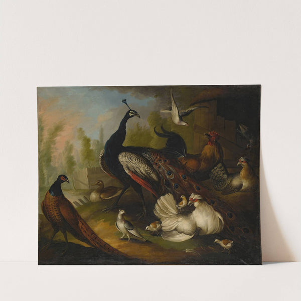 An assembly of birds in a parkland setting, including a Peacock, hens and a duck by Marmaduke Cradock