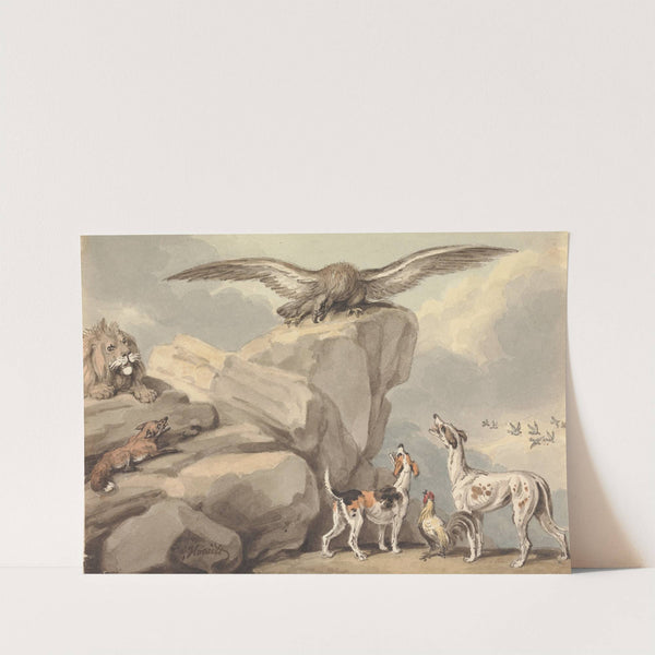 An Eagle Perched on a Rock; Lion, Fox, Two Hounds and a Rooster by Samuel Howitt