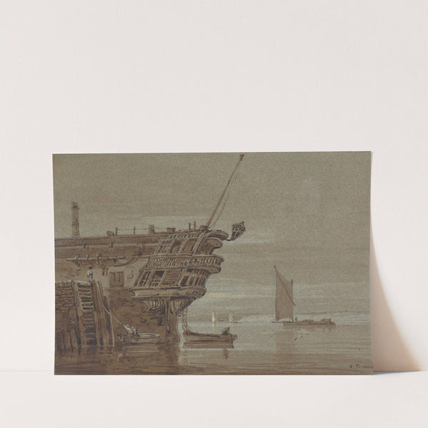 An East Indiaman Moored, Small Boats Alongside, Other Boats Further Off by Samuel Prout