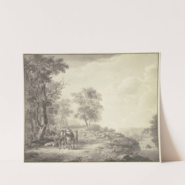 An einem Abhang ein schlafender Schäfer mit seiner Herde, weiter links eine Bäuerin zu Pferde umgeben von drei mit ihr zu Markte ziehenden Bauern by Abraham Teerlink