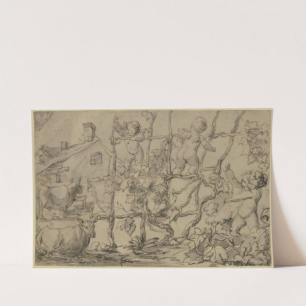 An einem Bauernhof zwei Kühe und fünf Amoretten, die einen Weinstock hinaufklettern by Gerard Hoet