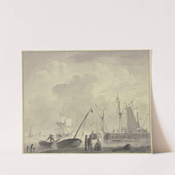An einem Damm ziehen Matrosen ein Schiff vorbei by Cornelis Thim