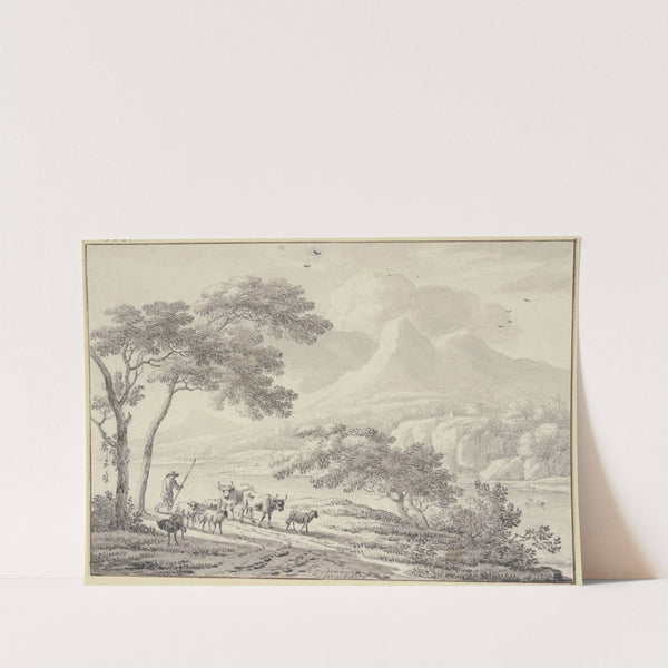 An einem Fluss hoher Gebirge, links unter einer Baumgruppe zwei Kühe und Schafe mit einem Hirten by Jan Vermeer van Haarlem the Elder