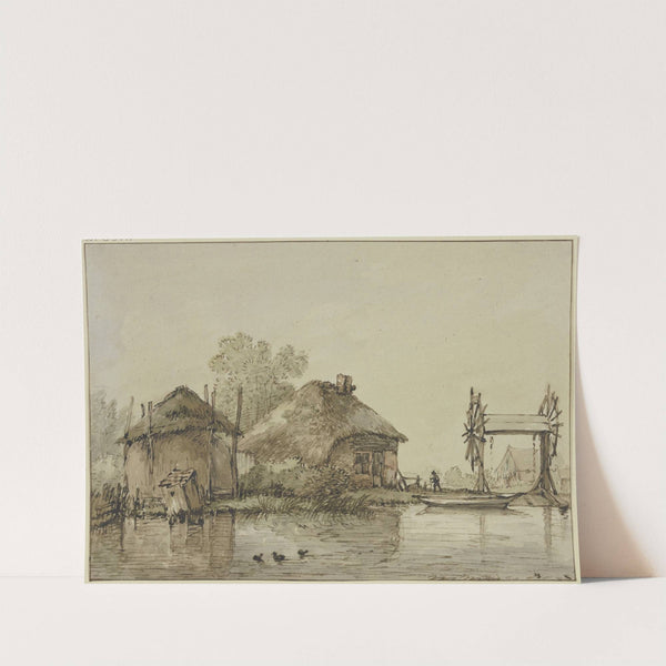 An einem Kanal ein Haus mit Scheune und eine Schleuse mit zwei Rädern by Jan Hulswit