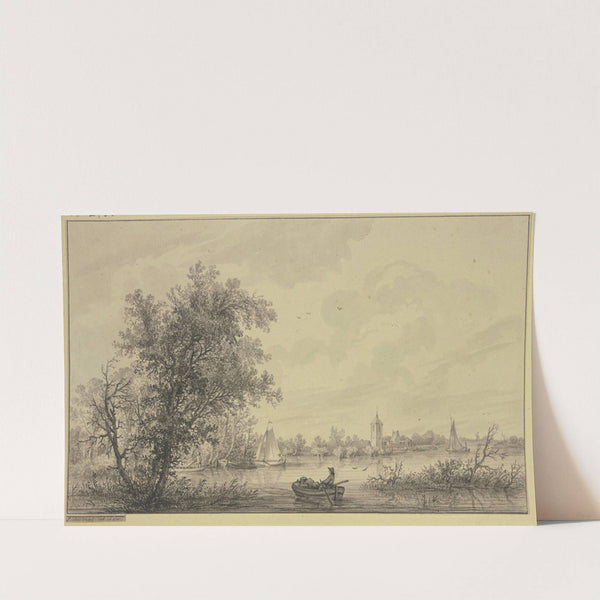 An einem von Bäumen begrenzten Fluß ein Dorf mit Turm, mehrere Segel- und Ruderboote by Jakob Versteegs