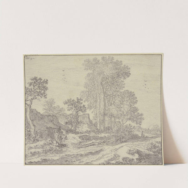 An einem Weg Hütten unter Baumgruppen, links eine Figurengruppe by Pieter de Molijn