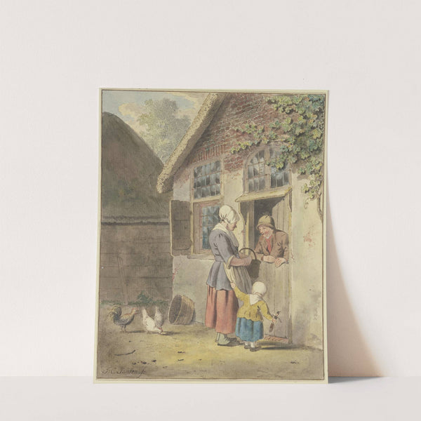An einer Haustür spricht ein Mann mit einer Frau, die von einem Kind an der Schürze gehalten wird by Johannes Christiaan Janson