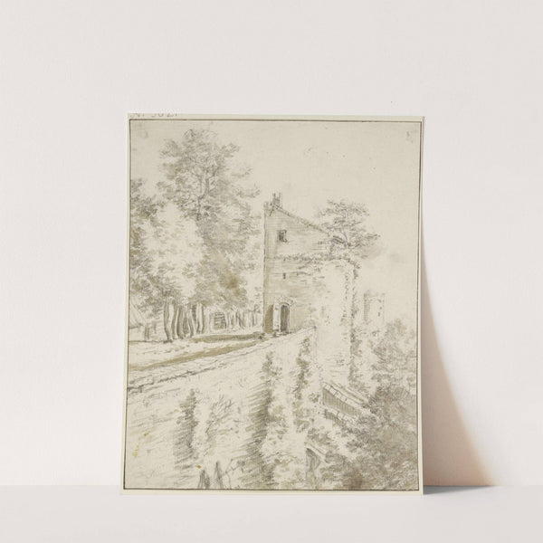 An einer hohen Mauer ein Haus, auf dem ein Bäumchen wächst by Herman Saftleven III