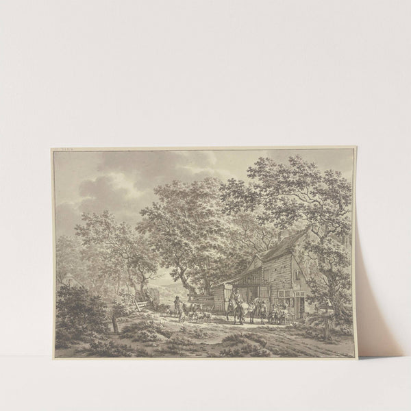 An einer Scheune halten Reiter, an einem Tisch zwei Trinkende, dabei eine kleine Herde Vieh by Jacob Cats