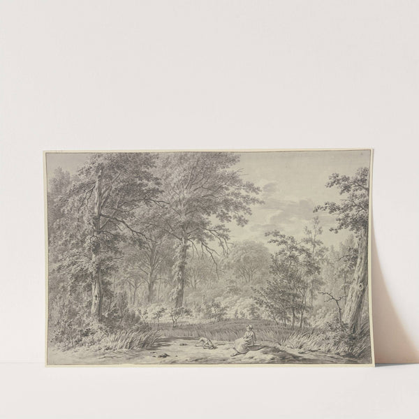 An einer Waldlichrung ein Mädchen mit einem Korb bei einem Hund sitzend by Leendert Overbeek