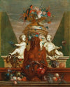 An elaborate fountain with fruit, flowers and a parrot