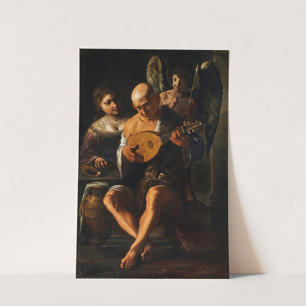 An elderly man playing the guitar with a woman and a putto in attendance by Pietro Paolini