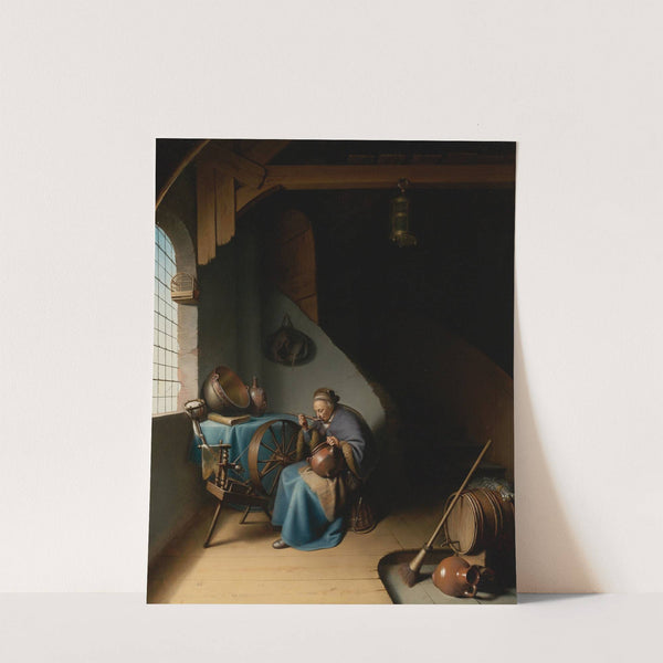 An Elderly Woman, Seated By A Window At Her Spinning Wheel, Eating Porridge by Gerrit Dou