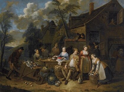 An Elegant Company In A Landscape Amongst Different Fruits And Vegetables, A Man With A Wheelbarrow Entering From The Left — size preview