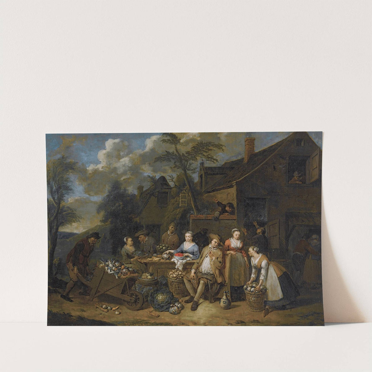 An Elegant Company In A Landscape Amongst Different Fruits And Vegetables, A Man With A Wheelbarrow Entering From The Left by Jan Baptist Lambrechts