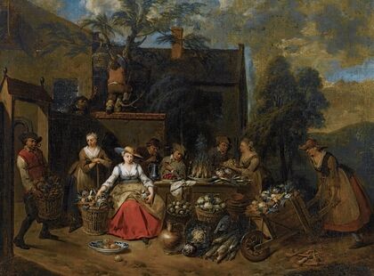 An Elegant Company In A Landscape Amongst Different Fruits And Vegetables, A Woman With A Wheelbarrow Entering From The Right — size preview
