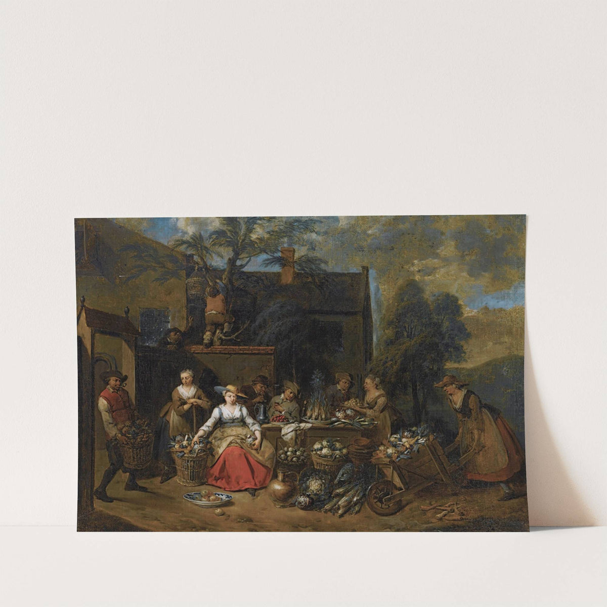 An Elegant Company In A Landscape Amongst Different Fruits And Vegetables, A Woman With A Wheelbarrow Entering From The Right by Jan Baptist Lambrechts