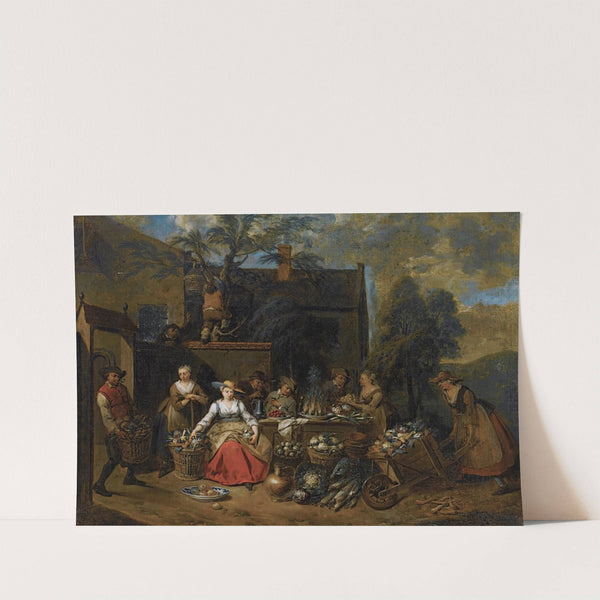 An Elegant Company In A Landscape Amongst Different Fruits And Vegetables, A Woman With A Wheelbarrow Entering From The Right by Jan Baptist Lambrechts
