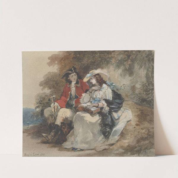An elegant couple resting in a wooded landscape by Eugène Lami