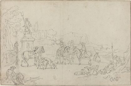 An Elegant Hunting Party Resting by a Fountain