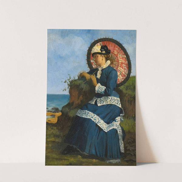 An elegant lady by the shore with a pink parasol by Albert-Auguste Fourié