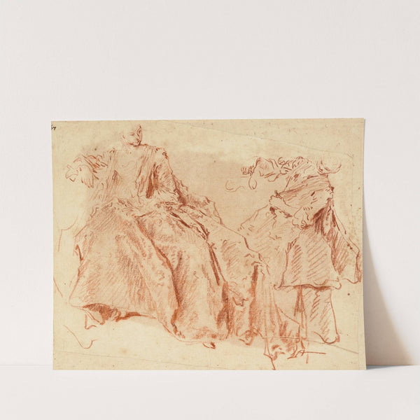 An elegant seated lady and a standing woman pouring a jug by Jean-Baptiste Pater