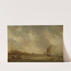 An estuary with fisherman and shipping and a church to the left by Jan van Goyen