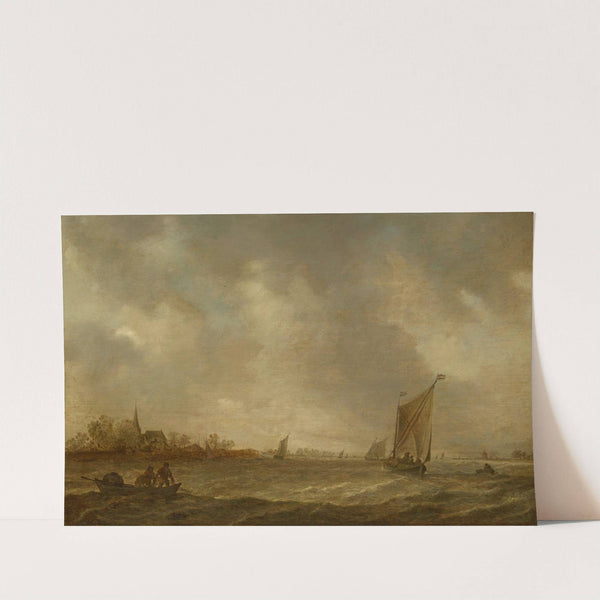 An estuary with fisherman and shipping and a church to the left by Jan van Goyen