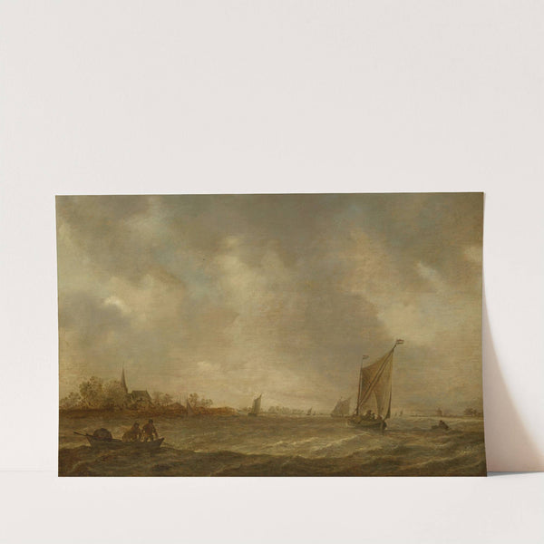 An estuary with fisherman and shipping and a church to the left by Jan van Goyen