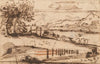 An extensive coastal landscape with a procession of figures in the foreground and buildings on the water