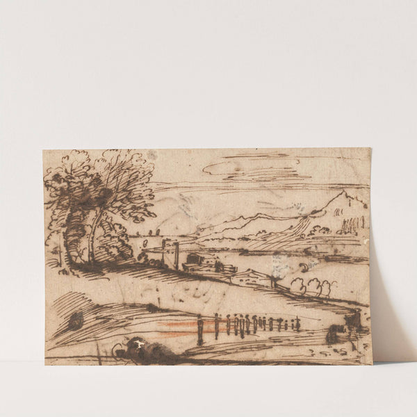 An extensive coastal landscape with a procession of figures in the foreground and buildings on the water by Annibale Carracci