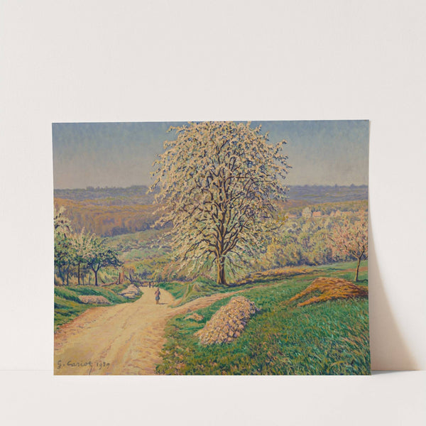 An extensive landscape with a figure walking on a road by Gustave Cariot