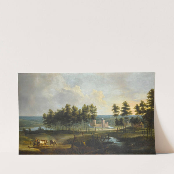 An extensive landscape with a view of the Chateau de Male by Lucas van Uden