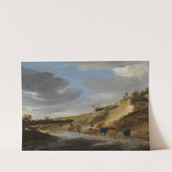 An Extensive Landscape With Cattle And Their Herdsmen Following A Partly Flooded Country Road by Salomon van Ruysdael