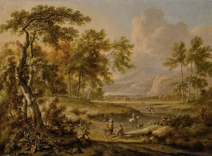 An extensive landscape with figures on a path in the foreground