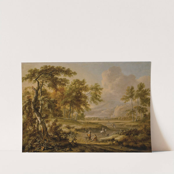 An extensive landscape with figures on a path in the foreground by Jan Wijnants