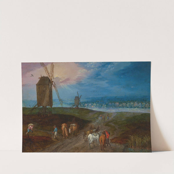 An extensive landscape with travelers before a windmill by Jan Brueghel the Younger