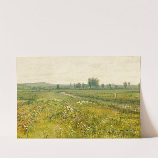 An extensive meadow landscape with geese by a stream by John Atkinson Grimshaw