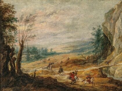 An extensive mountainous landscape with horsemen chasing a thief