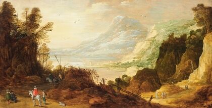 An extensive mountainous landscape with hunters on a path