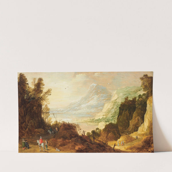 An extensive mountainous landscape with hunters on a path by Joos de Momper