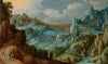 An extensive mountainous landscape with travellers on a path
