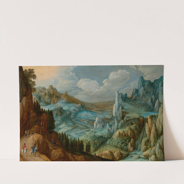 An extensive mountainous landscape with travellers on a path by Tobias Verhaecht